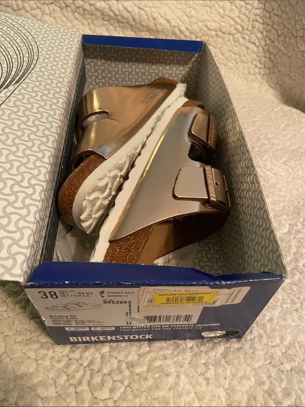 Birkenstock Arizona Metallic Rose Gold Two-Strap Sandals